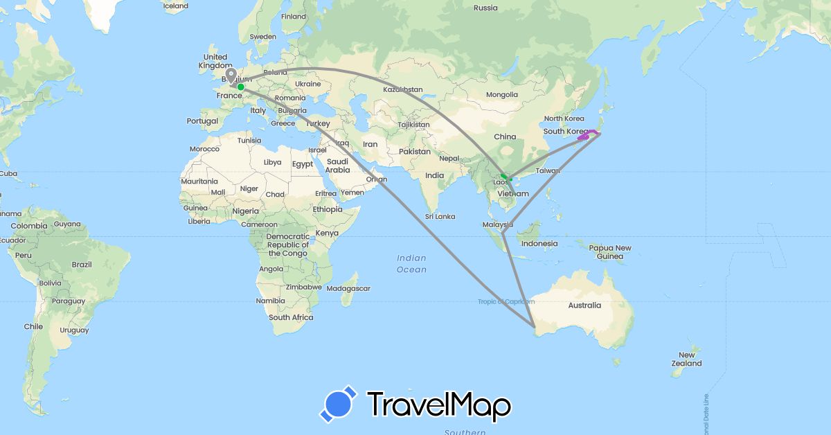 TravelMap itinerary: driving, bus, plane, train in Australia, France, Japan, Luxembourg, Qatar, Singapore, Vietnam (Asia, Europe, Oceania)